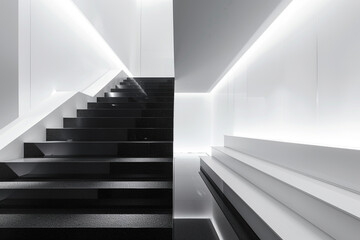 Obraz premium Minimalist design in a boutique: black staircase against stark white walls.