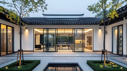 Elegant Modern Chinese Courtyard with Outdoor Dining Area and Lush Greenery
