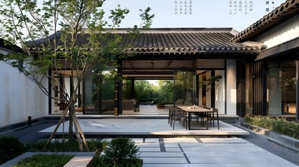 Obraz premium Stunning Contemporary Chinese-Style Courtyard with Outdoor Dining Area and Lush Greenery