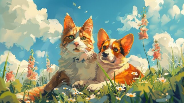Fluffy cat and corgi dog sitting together in a sunny spring meadow