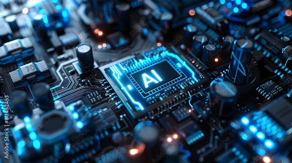 Poster highly detailed advanced artificial intelligence microchip with intricate glowing blue circuitry in