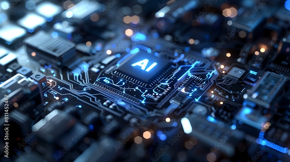 Aufkleber intricate artificial intelligence microchip with glowing blue circuitry and futuristic high-tech