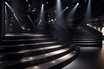 Fashion showroom with a spotlighted black staircase showcasing the latest trends. - Powered by Adobe