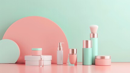 3d rendering of collection pastel color cosmetic products on table, pink and mint background with copy space for text, closeup view, high resolution photography
