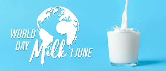 Glass of milk pouring with splash on color background