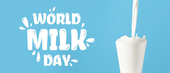 Pouring of milk into glass on color background