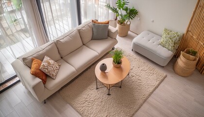 Top view of a cozy living room with a sectional sofa and modern furniture, with a natural light background, concept of home interior. Generative AI