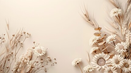 Photo of Guirland of Wheat,Eucalyptus,Daisy with Elements on Solid Beige Color Background