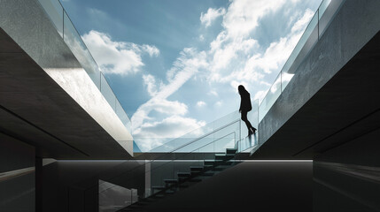 Silhouette viewed through a glass-bottomed staircase in a contemporary villa against the sky.