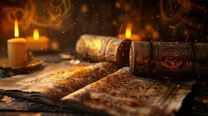 ancient manuscripts or scrolls, adorned with intricate symbols and motifs, symbolizing the Vedas or Hindu