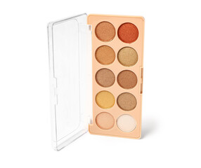 Palette of modern bright eyeshadows on white background