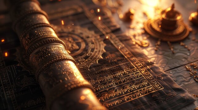 ancient manuscripts or scrolls, adorned with intricate symbols and motifs, symbolizing the Vedas or Hindu