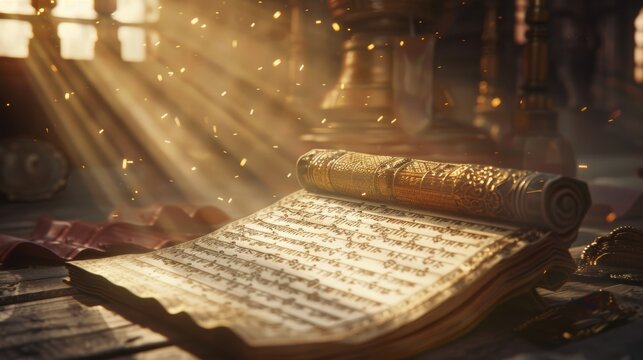 ancient manuscripts or scrolls, adorned with intricate symbols and motifs, symbolizing the Vedas or Hindu