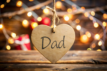 Rustic Wooden Heart Ornament with "Dad" Inscription and Warm Fairy Lights Background