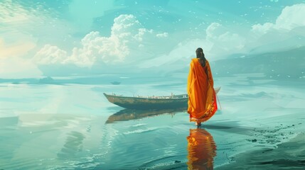 digital illustration of a female hindu priest walking on the surface of a lake, a boat in the background