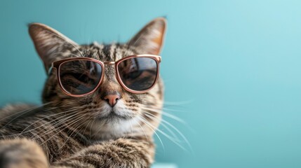 A mischievous tabby cat sporting sunglasses, lounging on a green pastel background - Powered by Adobe