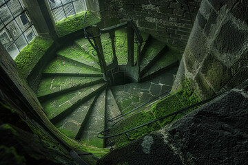 Medieval castle's moss green stone winder staircase, shot from a high vantage point.