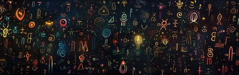 Obraz premium Flat black background with blurry, neon vibrant religious symbols look christian, buddhist, islamic, hindu