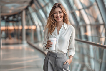 Fototapeta premium Happy business woman walking with a coffee cup in an office building, going to work