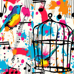 Colorful repeating pattern of birds in a cage
