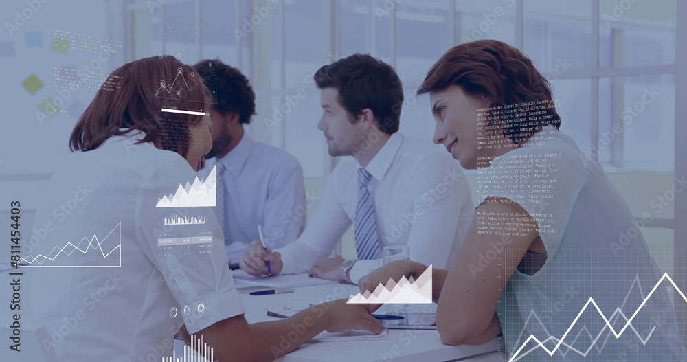 Poster image of graphs, map and loading circles over diverse coworkers sharing ideas in office