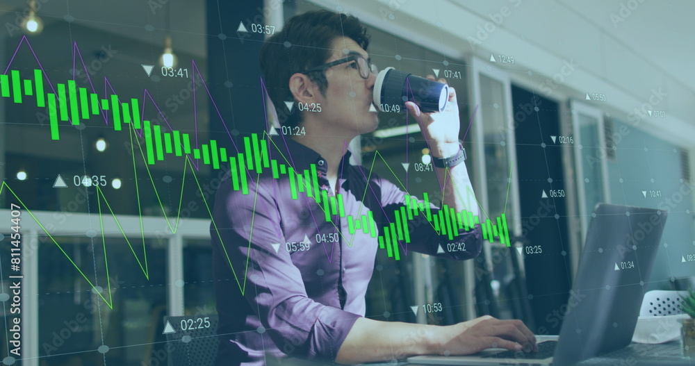 Poster image of data processing against asian man drinking coffee while using laptop at a cafe
