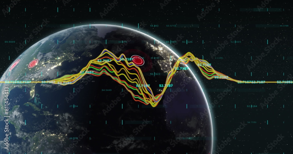 Poster image of financial data processing over globe