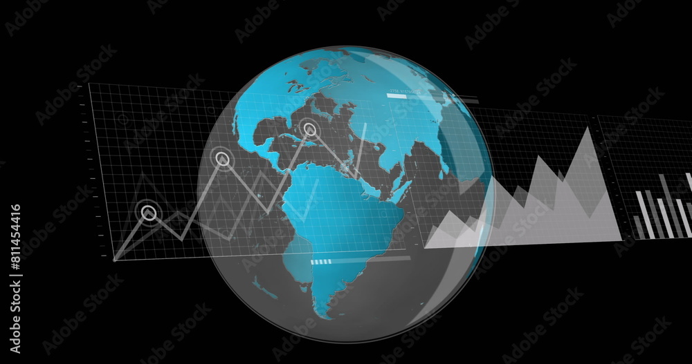 Poster image of financial data processing over globe