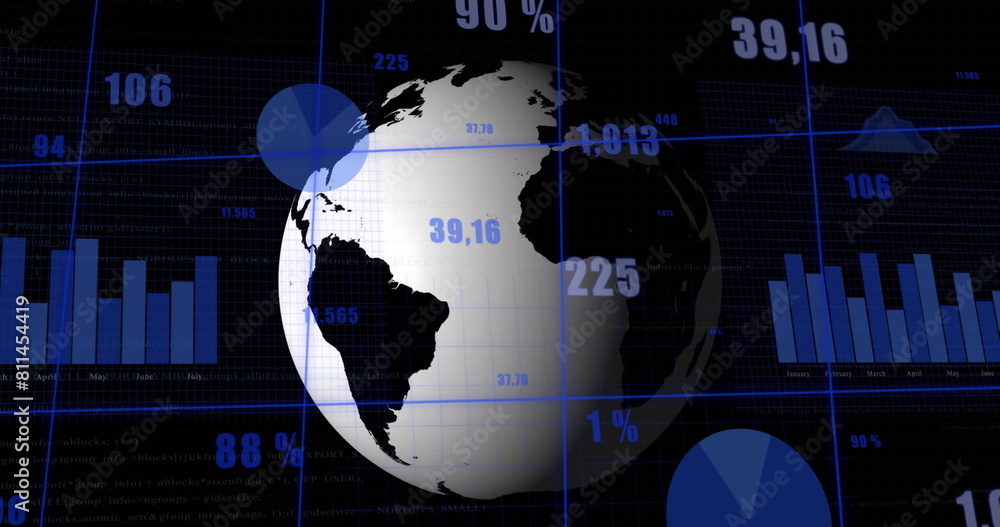 Poster image of statistical data processing over spinning globe against black background