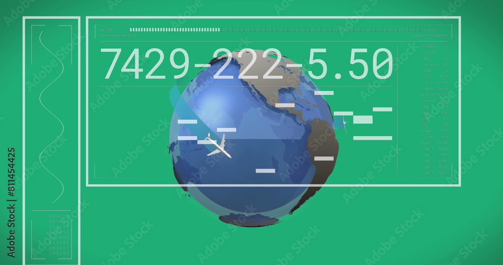 Poster image of interface with data processing, airplane icons over spinning globe on green background