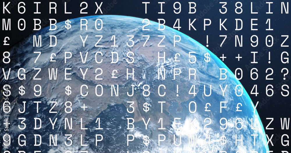 Poster image of letters and numbers processing over globe