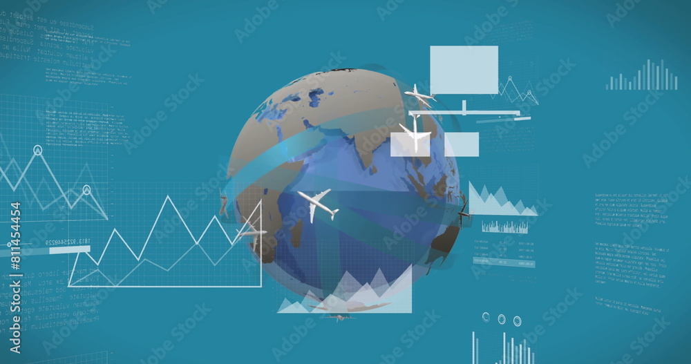 Poster Image of statistical data processing and airplane icons over spinning globe on blue background