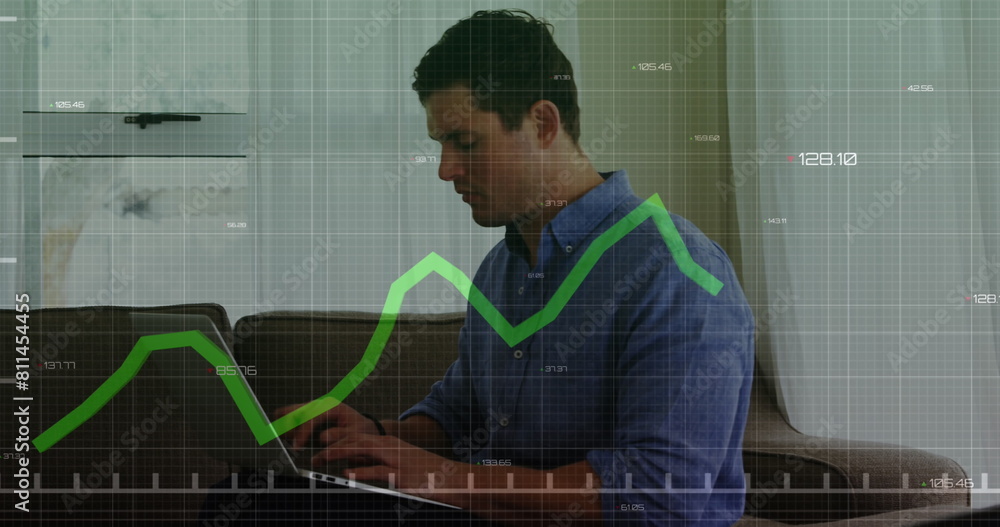 Aufkleber image of graph with changing numbers over caucasian man sitting on sofa and working on laptop