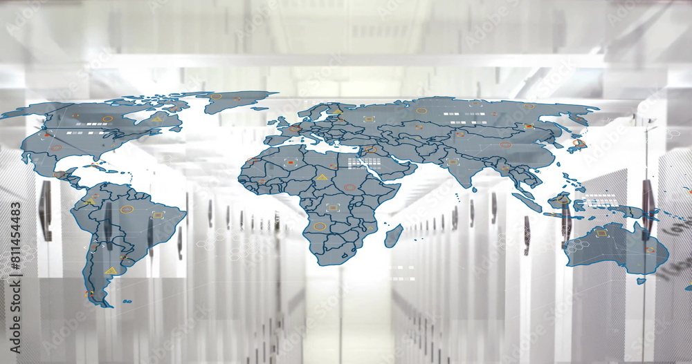 Poster image of computer language and map over data server room