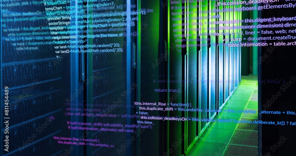 Poster image of multicolored computer programming language over data server room
