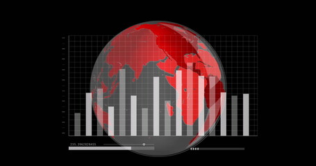Image of interface with statistical data processing over spinning globe against black background