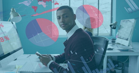 Image of financial data processing over african american businessman in office