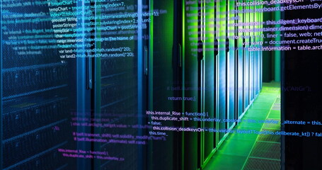 Image of multicolored computer programming language over data server room