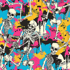 Colorful repeating pattern of dancing skeletons