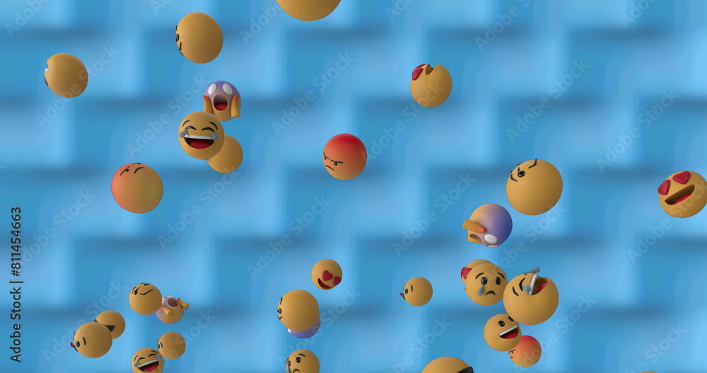 Aufkleber digital image of multiple face emojis floating over geometric design texture on blue background
