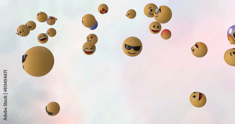 Poster digital image of multiple face emojis floating over abstract texture on white background