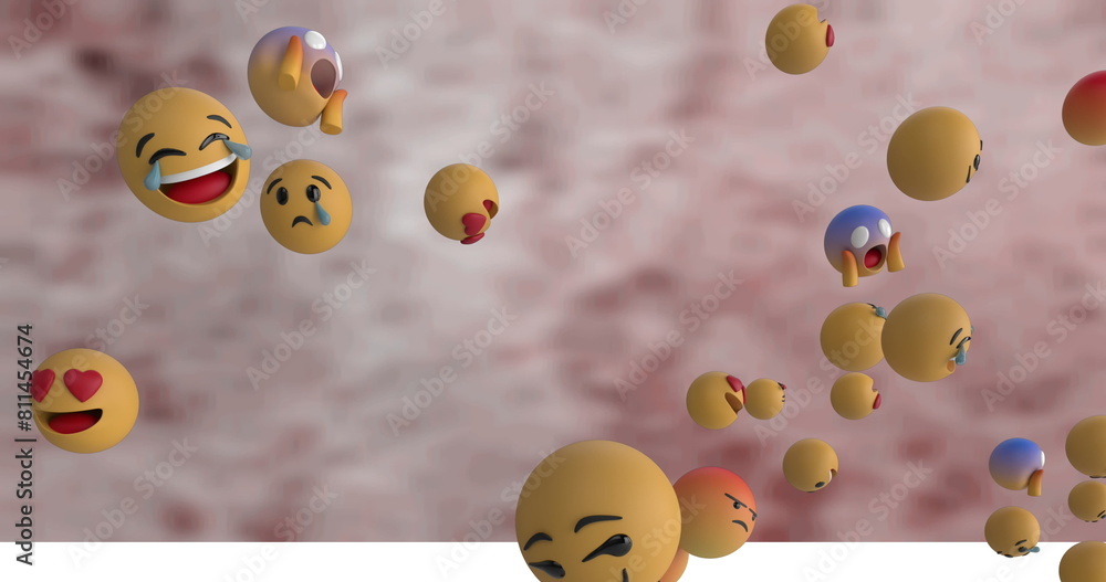 Poster digital image of multiple face emojis floating over against texture on brown background