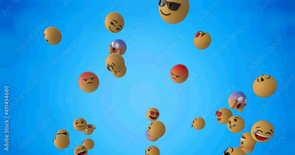 Poster digital image of multiple face emojis floating against textured blue background