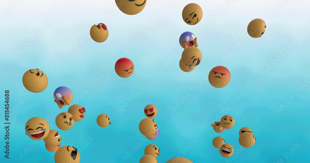 Poster digital image of multiple face emojis floating against blue gradient background