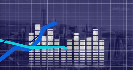 Blue line graph climbing over blue background bar chart