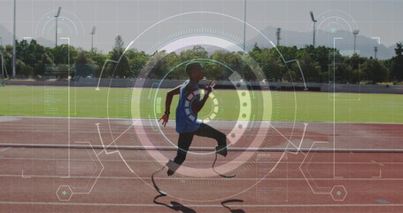 Image of data processing over disabled male athlete with running blades on racing track