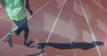 Image of digital arrows over disabled male athlete with running blades on racing track