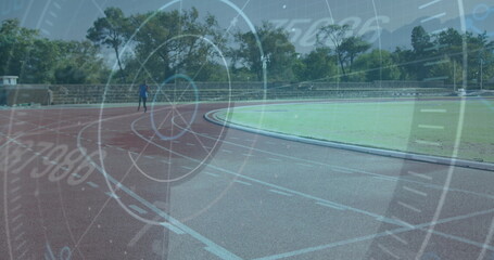 Image of data processing over disabled male athlete on racing track