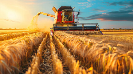 Fototapeta premium Combine harvester. collecting harvest of rye and wheat . Agriculture grain farming concept