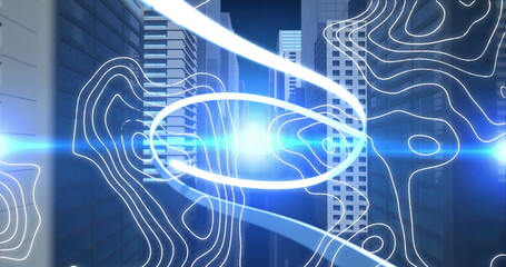 Image of white shapes over digital cityscape